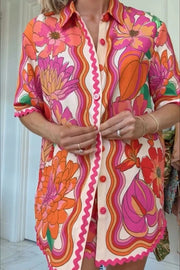 Neima Unique Print Wave Trim Button Up Short Sleeve Shirt and Elastic Waist Pocket Loose Shorts Set