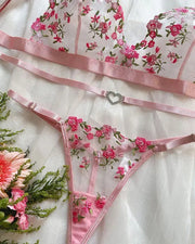 Floral Embroidery Hollow Heart Decor Lingerie Set