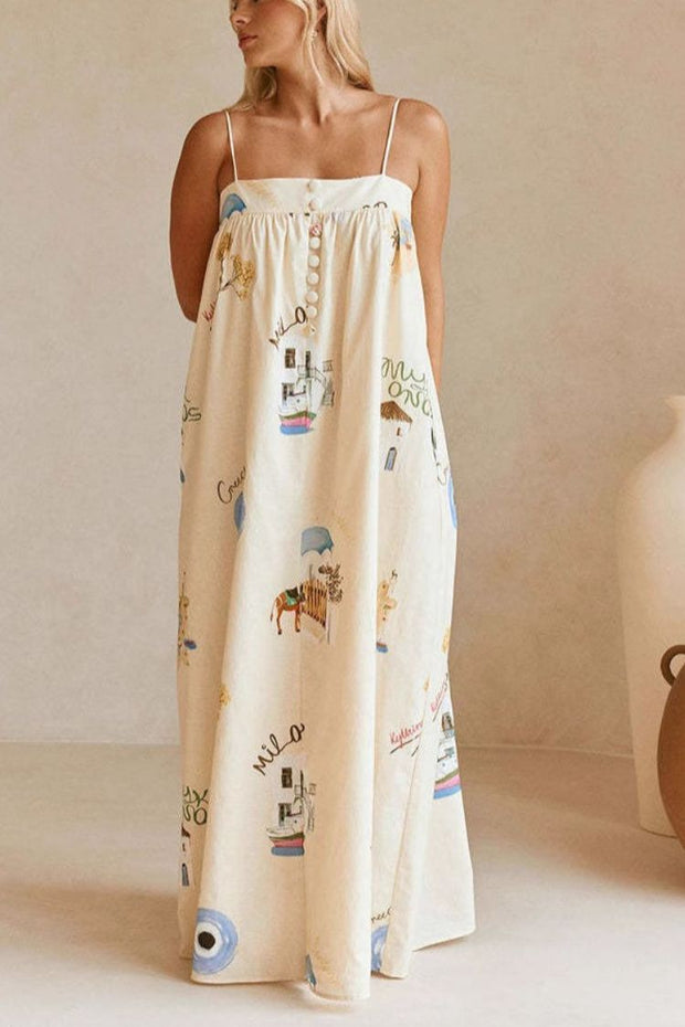 Linen Blend Sling Backless Loose Holiday Maxi Dress