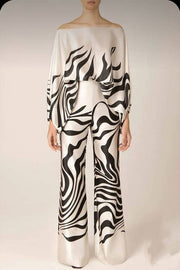 Off-the-shoulder batwing sleeve printed wide-leg pants two-piece set