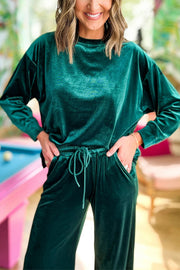 Blackish Green Velvet Long Sleeve Top & Wide Leg Pants Set