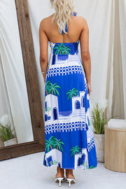 Halter Backless Printed Flowy Maxi Holiday Dress