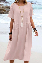 Summer loose casual cotton and linen solid color round neck short-sleeved mid-length dress