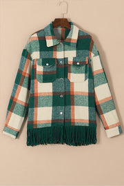 Plaid Snap Button Pocket Fringed Hem Shacket