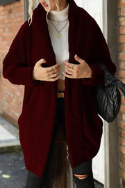 Loose Casual Solid Color Plush Buttonless Lapel Long Sleeve Coat