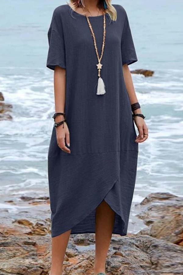 Solid Color Cotton Linen Retro Round Neck Short Sleeve Midi Dress