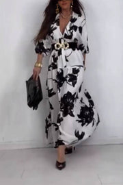 Floral print V-neck mid-sleeve fitted waist maxi dress