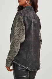 Adisse Contrast Leopard Print Pocket Button Denim Coat