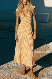 Linen Blend Solid Color V-neck Short Sleeve Waist Loose Slit Midi Dress