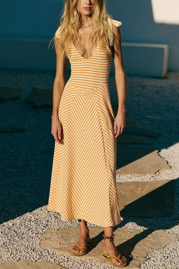 Linen Blend Solid Color V-neck Short Sleeve Waist Loose Slit Midi Dress