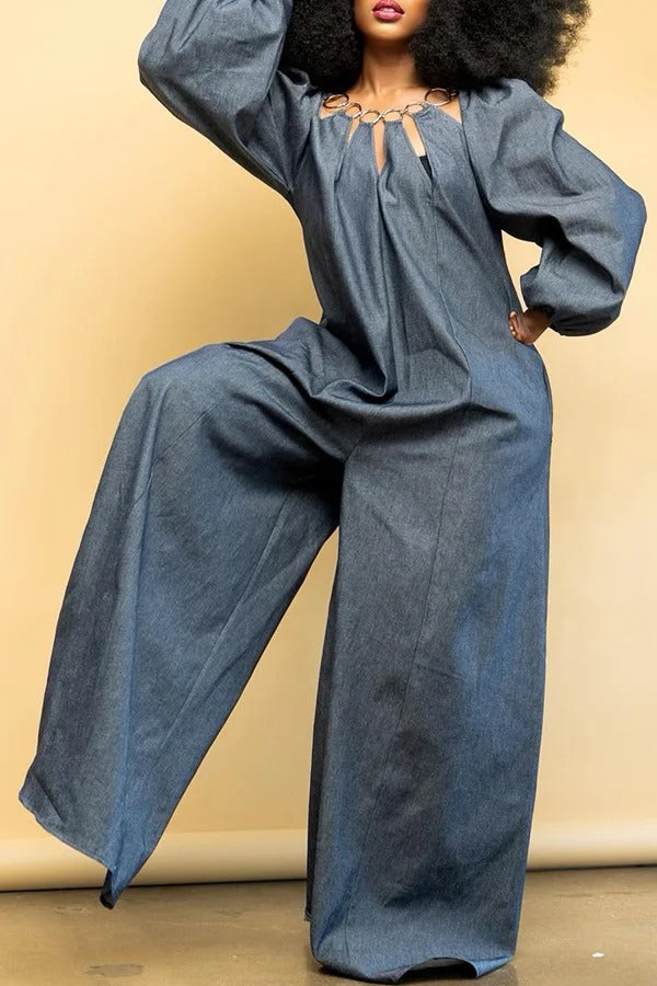 Casual Hollow Blue Denim Wide Leg Jumpsuit