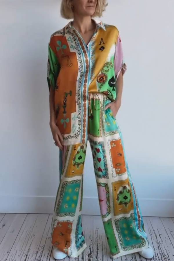 Funny Poker Summer Satin Unique Print Elastic Waist Pocketed Wide Leg Pants