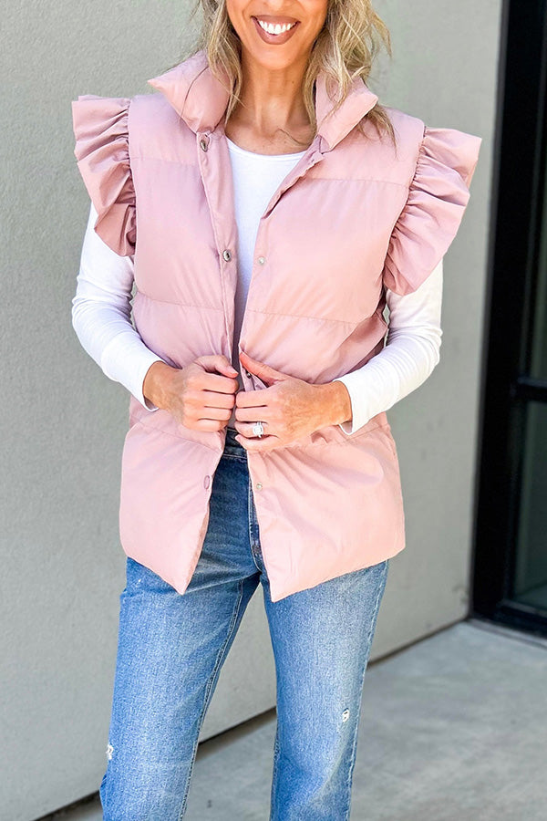 Casual stand-up collar, buttoned double pockets, flying ruffled sleeves vest
