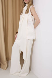 Simply Luxe Satin High Neck Irregular Hem Top and Elastic Waist Flare Loose Pants Set