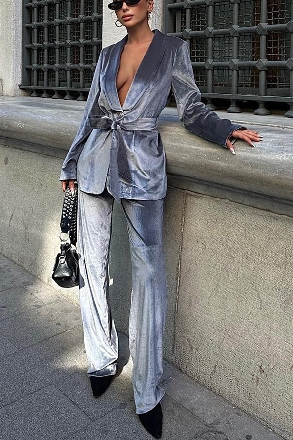 Cool Girl Energy Velvet Long Sleeve Belted Lapel Coat and Elastic Waist Pocketed Loose Pants Set