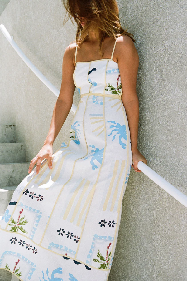 Linen Blend Unique Print Contrast Yellow Back Tie-up Strap Maxi Dress