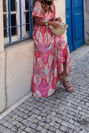 Bohemian V-neck waist short-sleeved floor-length dress