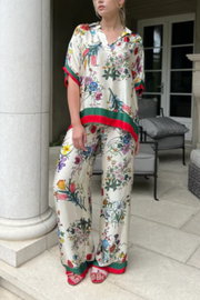 Shirt Collar Mid-sleeve Printed Top and Floral Print Trousers Two-piece Set