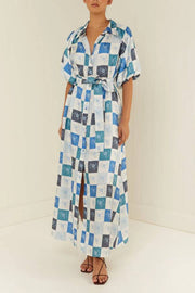 Blue Floral Tile Print Tie Waist Maxi Dress