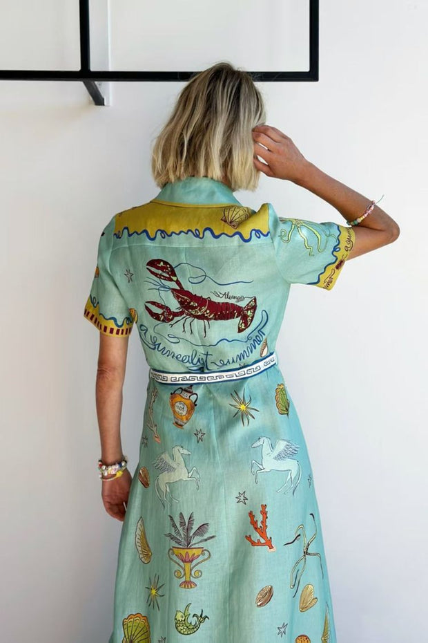 Deep Sea Dreaming Linen Blend Unique Print Short Sleeve Tie-up Shirt Maxi Dress