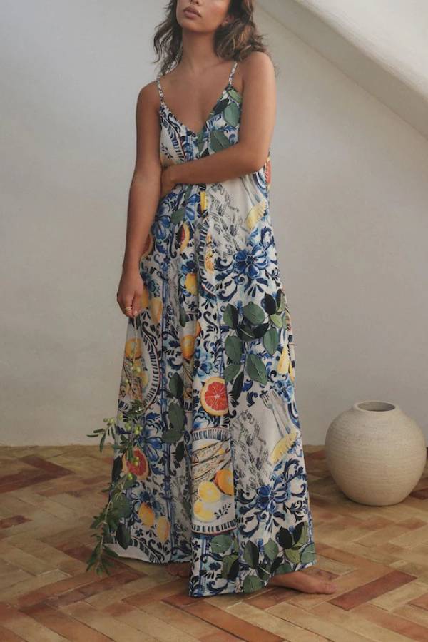 Vacation-Style Printed V-Neck Cami Maxi Dress