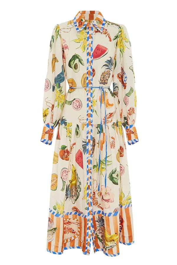 Tropical Fruit Print Balloon Sleeve Patchwork Shirt Midi Dress