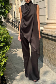Simply Luxe Satin High Neck Irregular Hem Top and Elastic Waist Flare Loose Pants Set
