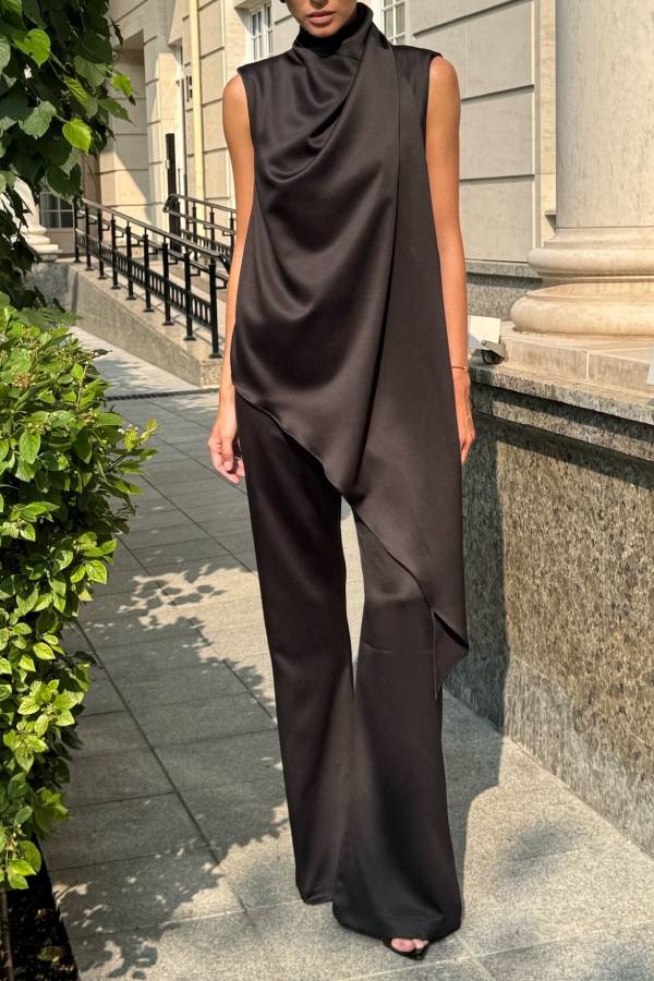 Simply Luxe Satin High Neck Irregular Hem Top and Elastic Waist Flare Loose Pants Set