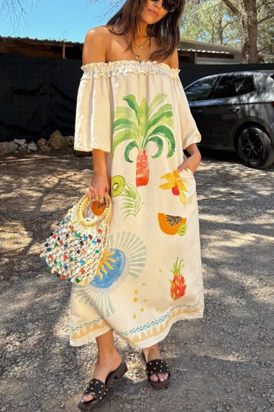 Sunveil Linen Blend Unique Print Puff Sleeve Pocket Strapless Maxi Dress