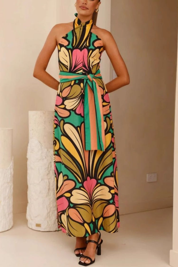 Unique Print Halter Neck Tie Backless Holiday Maxi Dress