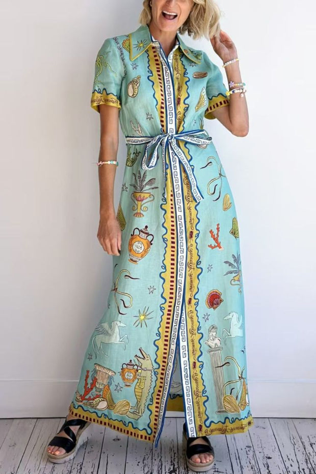 Deep Sea Dreaming Linen Blend Unique Print Short Sleeve Tie-up Shirt Maxi Dress