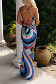 Colorful Elegant Satin Abstract Unique Print Back Lace-up Slip Maxi Dress