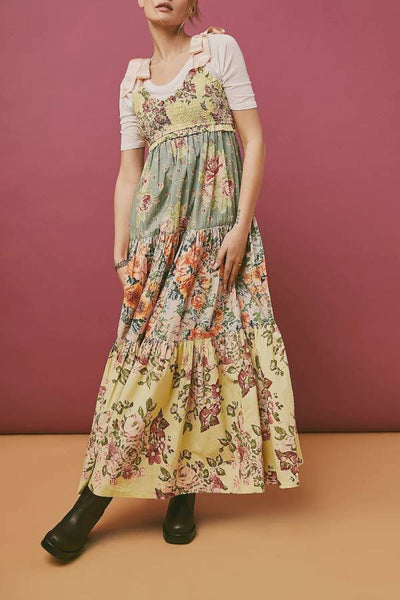 Retro print bow-strap long dress
