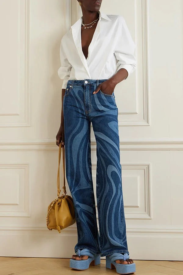 Jaida Swirl Unique Print High Rise Pocket Straight-leg Jeans