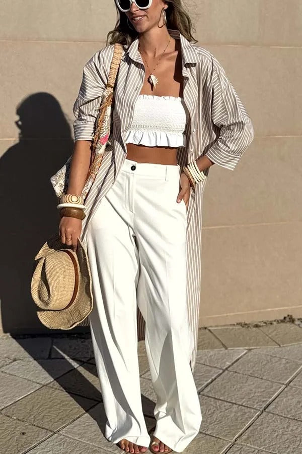 All-match Striped Button Up Half Sleeve Belted Pocket Shirt Midi Dress