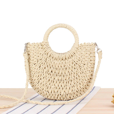 Vintage Coin Buckle Handbag: Woven Cotton Rope with Round Rattan Handle and Diamond Hollow Pattern