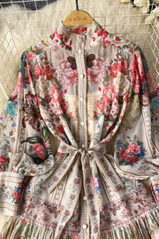 Retro floral butterfly print stand-up collar tie-waist long dress