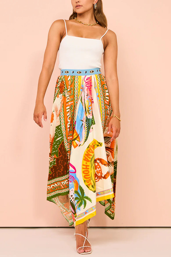 Summer Destination Satin Unique Print Elastic Waist Irregular Hem Maxi Skirt