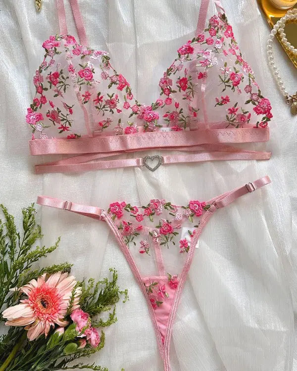 Floral Embroidery Hollow Heart Decor Lingerie Set