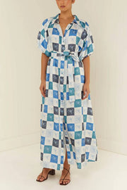 Blue Floral Tile Print Tie Waist Maxi Dress