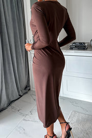 Miaoih Slim Fit V Neck Pleated Long Sleeve Midi Dress