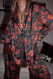 Vintage floral silk shirt and wide-leg pants suit