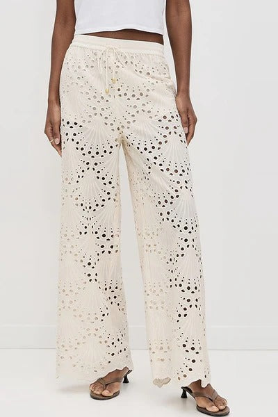 Lillah Embroidered Lace Shell Pattern Elastic Waist Pocket Wide Leg Pants