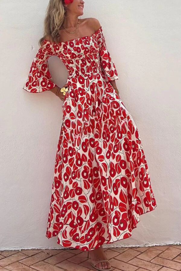 Close To The Vacation Floral Print Smocked Off Shoulder Pocketed Maxi Dress