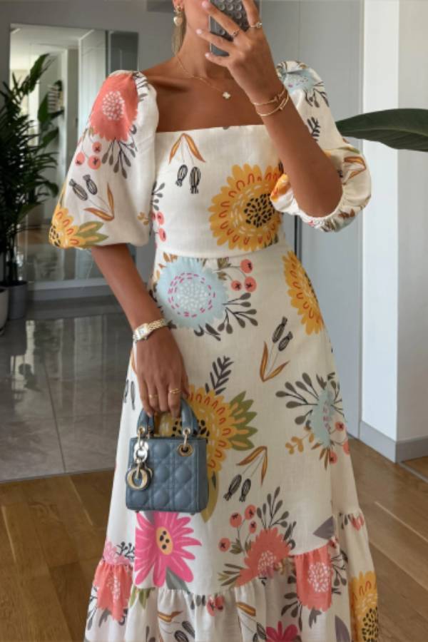 Square Neck Floral Print Puff Sleeve Midi Dress