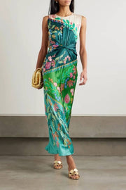 Tropical Flower Twisted Waist Sleeveless Satin Maxi Dress