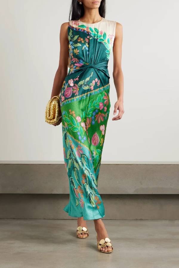 Tropical Flower Twisted Waist Sleeveless Satin Maxi Dress