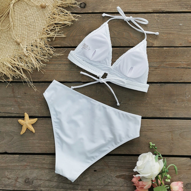 Pure white lace bikini beach skirt three-piece set