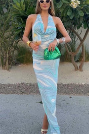 Caralyn Unique Print Halter Cowl Neck Slit Stretch Maxi Dress