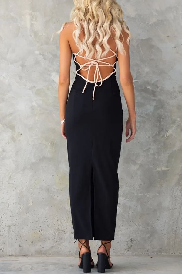 After Hours Party Line Trim Back Lace Up Bodycon Stretch Maxi Dress